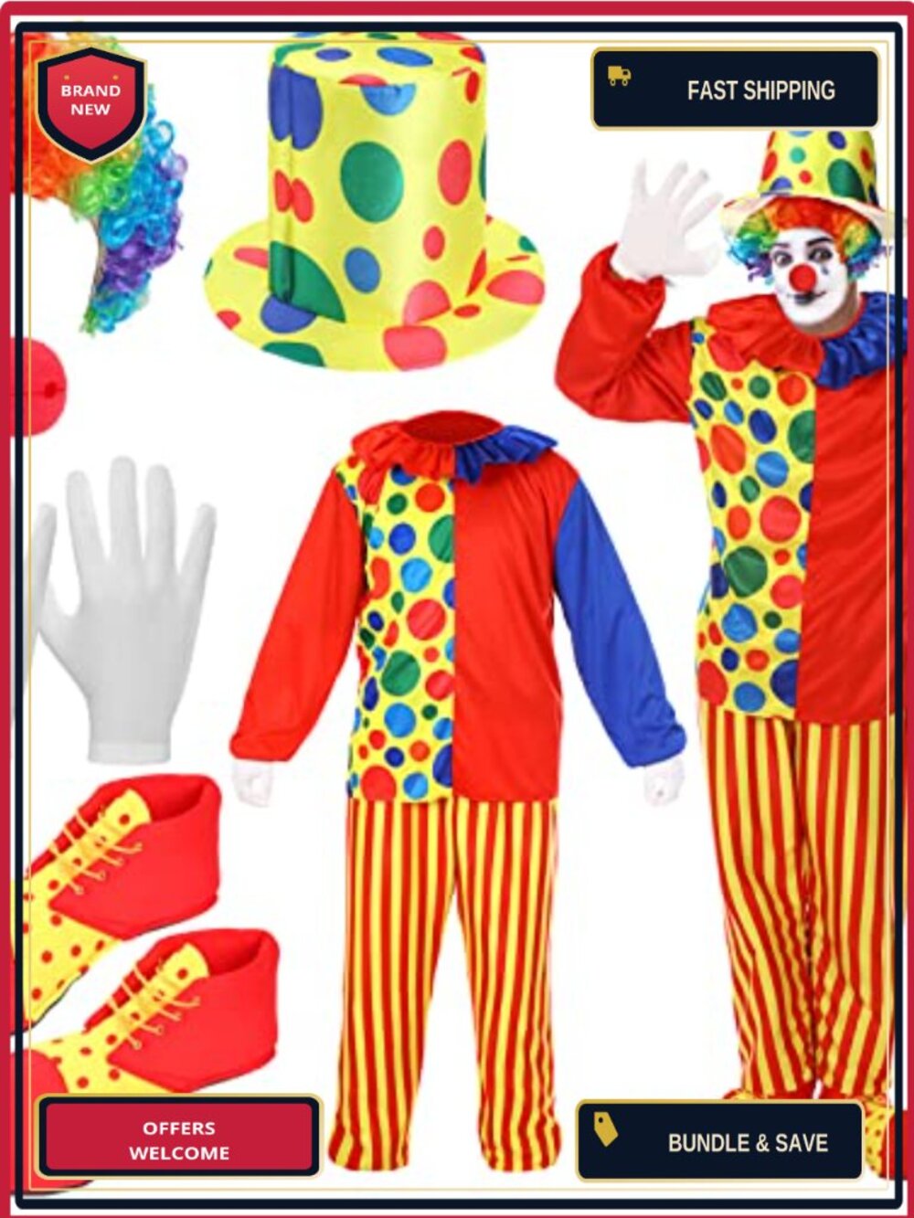 Adult Clown Costume Set 7 Pcs Wig Nose Hat Shoes Gloves Halloween Carnival